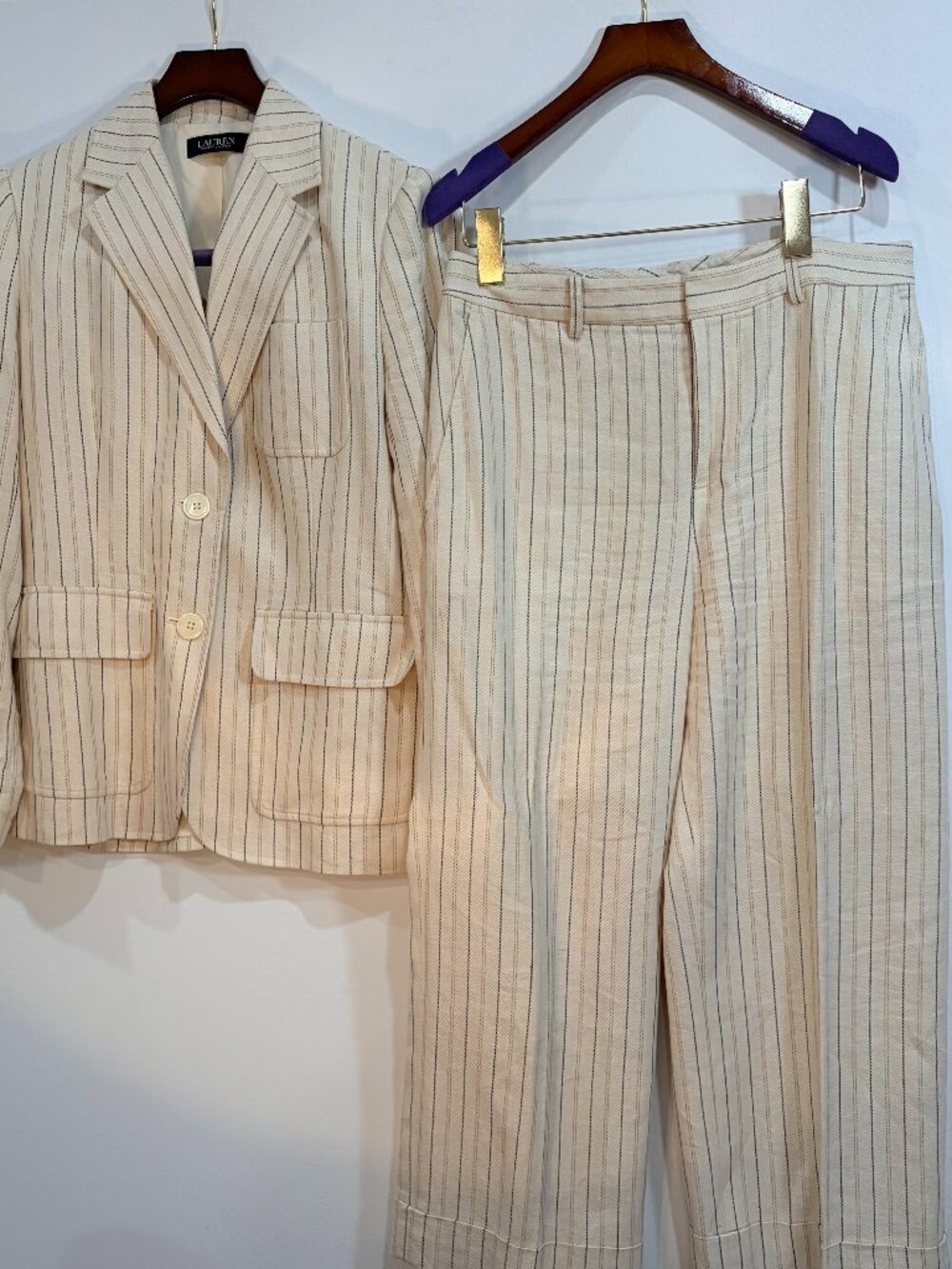 Lauren Ralph Lauren Linen Pinstripe Pant Suit 2-Piece Petite 6P Ivory Cream Care